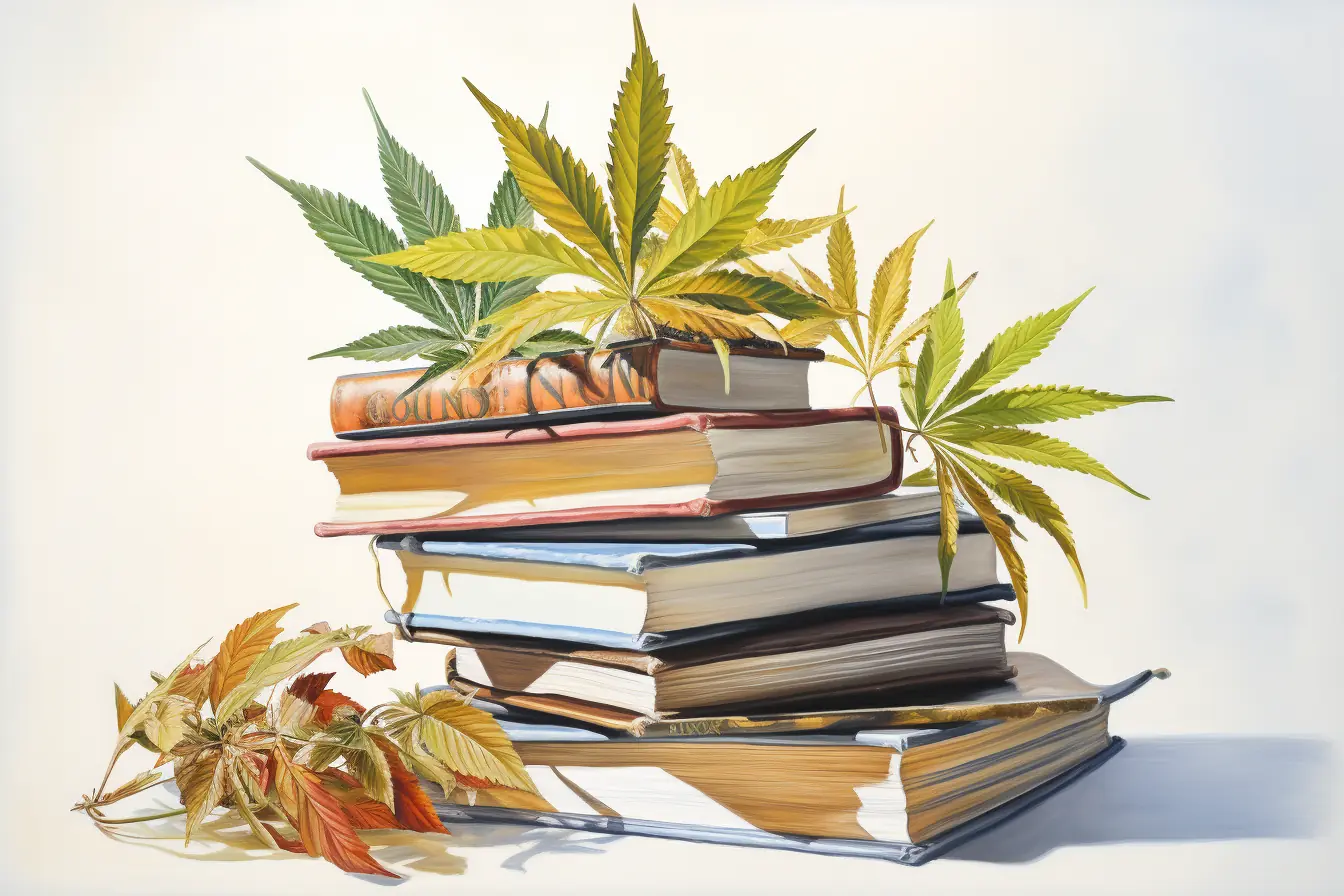 Auf einem Bücherstapel, der aus verschiedenen Büchern gebildet wird, befinden sich grüne Blätter einer Pflanze, die als Cannabis bekannt ist.